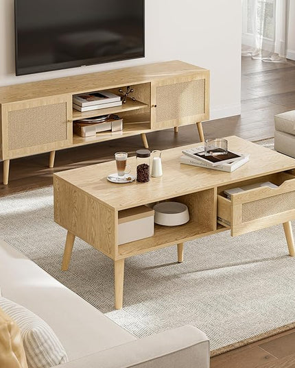 Coffee Table with Storage, Boho Dining Table with Rattan Drawer and Solid Wood Legs, Small Coffee Tables for Living Room, Oak