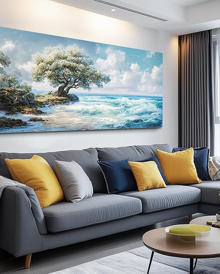 XIGUANGART Large Blue Coastal Wall Art for Living Room Wall Decor for Bedroom Beach Sunset Ocean Waves Nature Seascape Pictures Trees on Rock Scenery Canvas Print Artwork Painting for Bathroom Office