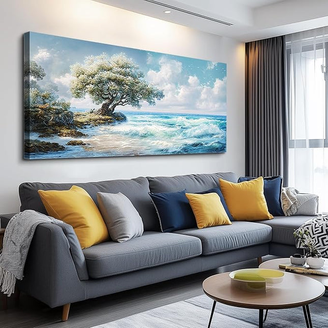 XIGUANGART Large Blue Coastal Wall Art for Living Room Wall Decor for Bedroom Beach Sunset Ocean Waves Nature Seascape Pictures Trees on Rock Scenery Canvas Print Artwork Painting for Bathroom Office