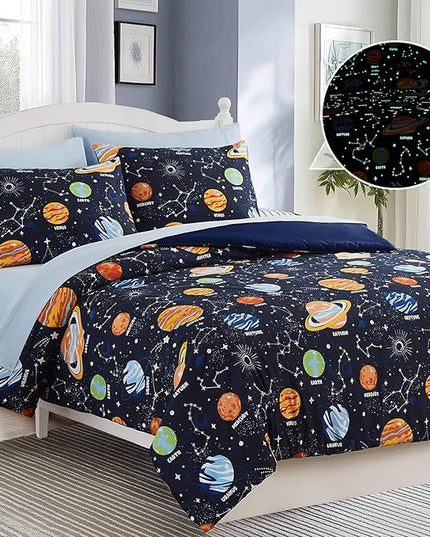 Full Size Comforter Set for Boys-7 Pieces Space Glow in The Dark Full Bedding Sets for Kids, Ultra Soft Bed in A Bag with Sheets