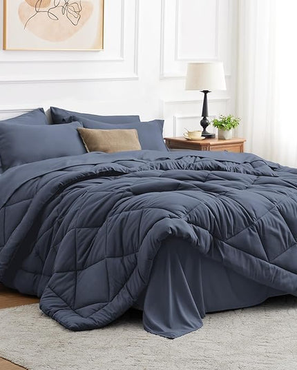 Love's cabin King Size Comforter Set Navy Blue, 7 Pieces King Bed in a Bag, All Season Bedding Sets with 1 Comforter, 1 Flat Sheet, 1 Fitted Sheet, 2 Pillowcase and 2 Pillow Sham