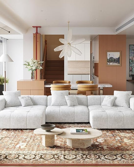 JACH 144.1 Inch U-Shaped Modular Sofa, Mid Century Modern Deep Seat Sectional Couch, 3-Seater Sofas with Chaise Ottomans for Living Room, Cozy Sofas for Apartment, Living Room (Linen Fabric, White)
