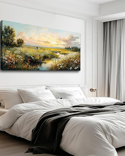 XIGUANGART Large Wall Art for Living Room Canvas Prints Nature River Meadow Wildflower Wall Decor Sunset Pastoral Landscape Pictures Abstract Modern Artwork for Bedroom Kitchen Office Home Decorations