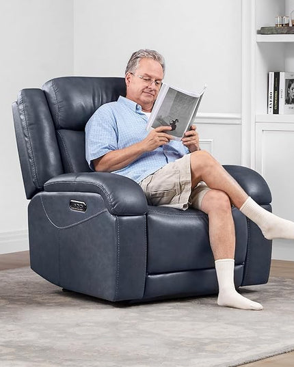 Watson & Whitely Genuine Leather Power Recliner Chairs for Adults, Wall Hugger RV Recliner with Power Headrest & Charging Ports, Electric Recliner Sofa Chair for Living Room, Navy