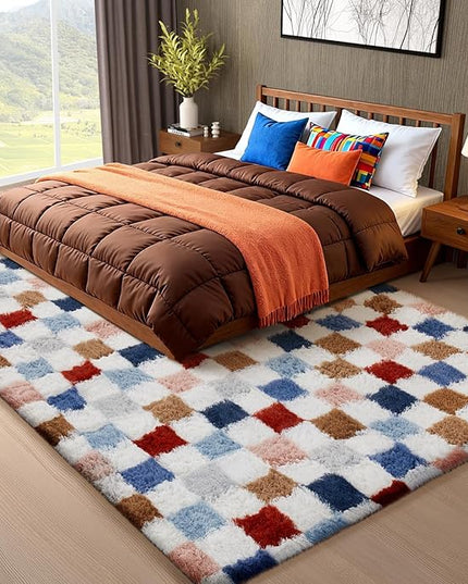 Ophanie Checkered Rainbow Rug for Living Room Bedroom, Colorful Fluffy Soft Cute Fuzzy Area Rugs, Shag Plush Shaggy Bedside Floor 8x10 Furry Carpet for Kids Teen Dorm Nursery Home Decor Aesthetic