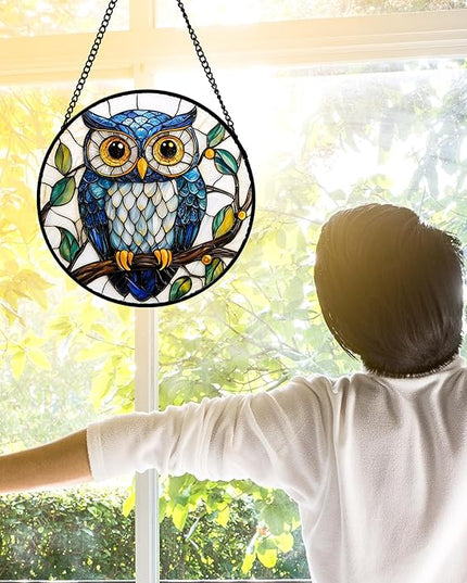 Stained Glass Window Hanging, Owl Gifts for Women Sun Catchers Diamond Glass Panel Hangings Birds Suncatcher Decor for Birthday for Women, Men, Wife, Aunt,and Mom 7.8X7.8IN