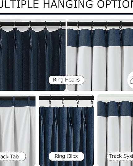 Vision Home Navy Blue Pinch Pleated Full Blackout Curtains Linen Blended Room Darkening Curtain Panels 72 inch for Living Room Bedroom Thermal Insulated Pinch Pleat Drapes with Hooks 40" Wx72 Lx2