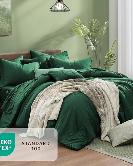 Monbix Queen Comforter Set - 7 Pieces Cationic Dyeing Emerald Green Bed in a Bag Queen Bedding Sets with Comforter, Sheets, Pillowcases & Shams, Reversible Bedding Comforters Sets