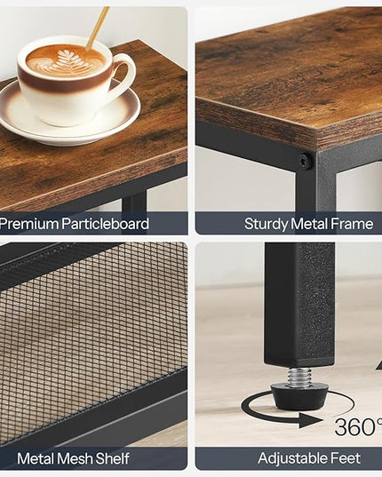 HOOBRO Narrow Console Table, Sofa Table, 4-Tier Industrial Entryway Table with Metal Mesh Shelf, Hallway Table with Adjustable Feet, for Entryway, Living Room, Hallway, Rustic Brown and Black BF79XG01