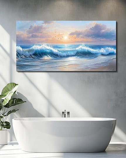 XIGUANGART Large Wall Decor for Living Room Ocean Paintings Canvas Prints Wall Art for Bedroom Blue Modern Minimalist Artwork Beach Sunrise Sea Wave Nature Pictures Office and Bathroom Home Decor