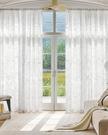 Anmao White Semi Sheer Light Filtering Curtains 84 Inches Long 2 Panels, Branch Pattern Drapes for Living Room Bedroom, Rod Pocket Sheer Window Treatments with Floral Design, 52x84 Inch