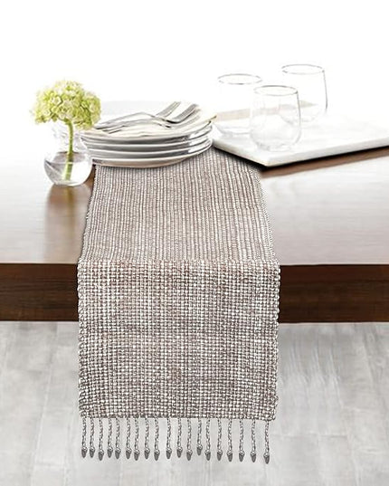 Urban Villa, 100% Cotton Two Tone Table Runner,14''x 72'' Over Sized Taupe/White Two Tone Table Runner with Fringes, Every Day Use Heavier Quality Christmas Runners