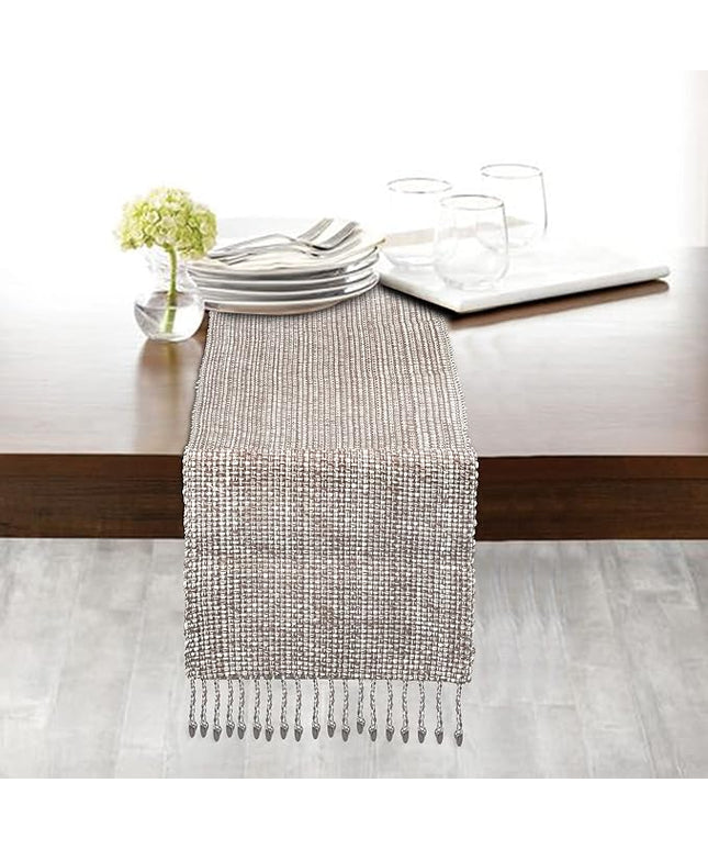 Urban Villa, 100% Cotton Two Tone Table Runner,14''x 72'' Over Sized Taupe/White Two Tone Table Runner with Fringes, Every Day Use Heavier Quality Christmas Runners