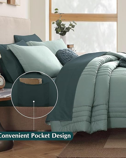 Monbix Full Size Comforter Set - 7 Pieces Sage Green Bed in a Bag Full Size Bedding Sets with Comforters, All Seasons Comforter with Sheets,Pillowcases & Shams