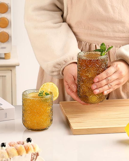 Green Drinking Glasses Set of 8, 12 Oz Highball & 10 Oz Cocktail Glasses, Green Kitchen Vintage Glassware Set, Floral Embossed Glass Tumbler Cups for Water, Beer, Juice, Whiskey, Coffee
