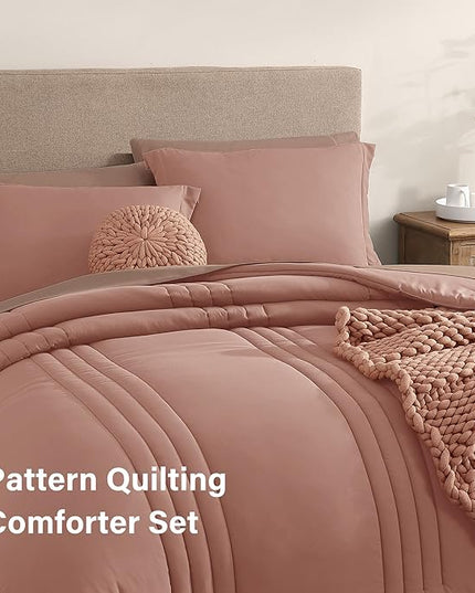 Monbix Queen Comforter Set - 7 Pieces Clay Pink Bed in a Bag Queen Bedding Sets with Comforters, All Seasons Down Alternative Comforter Bed Set with Sheets, Pillowcases & Shams