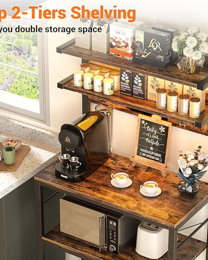 Aheaplus Bakers Rack with Power Outlet, Microwave Stand, 5 Tiers Coffee Bar Station with Led Lights, Kitchen Storage Shelf with 6 S-Shaped Hooks, Kitchen Rack for Spices, Pots and Pans, Rustic Brown