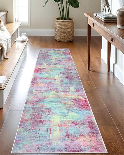 IOHOUZE Abstract Runner Rug 2x8 Ft Washable Runners for Hallways, Non Slip Kitchen Runner Printed Faux Wool Entryway Runner Indoor, Modern Abstract Floor Carpet for Hall Kitchen Bedroom, Pink Teal