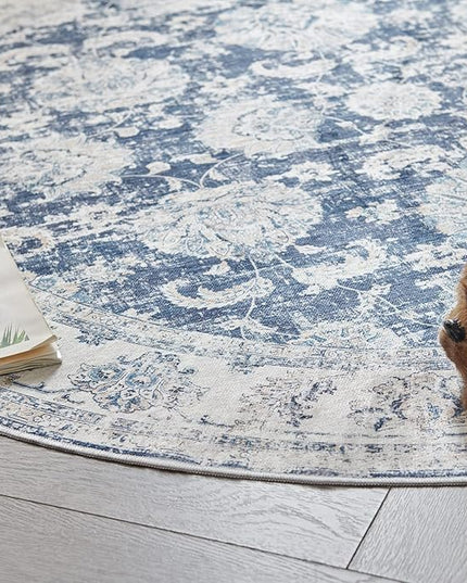 jinchan Fiora Round Rug 6ft Area Rugs Vintage Floral Distressed Design - Machine Washable Non-Slip Low-Pile Ultra-Thin Circle Rug for Entryway Bedside Living Room Bedroom (6' Round, Dark Blue)