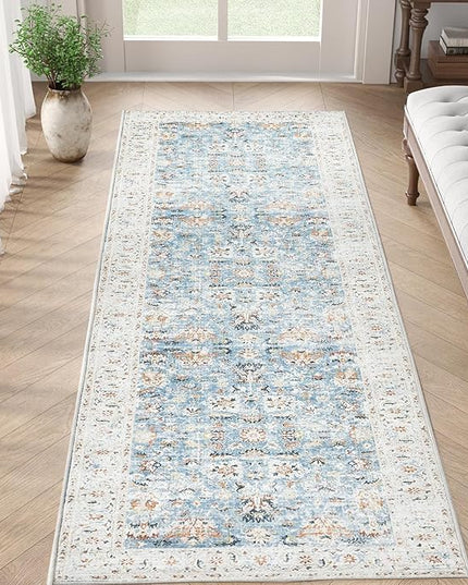 jinchan Runner Rug 2x5 - Hallway Rug Kitchen Washable Runner Vintage Floral Boho Lightweight Thin Non-Slip Retro Distressed Carpet for Entryway Bathroom Bedroom Laundry Room Light Blue