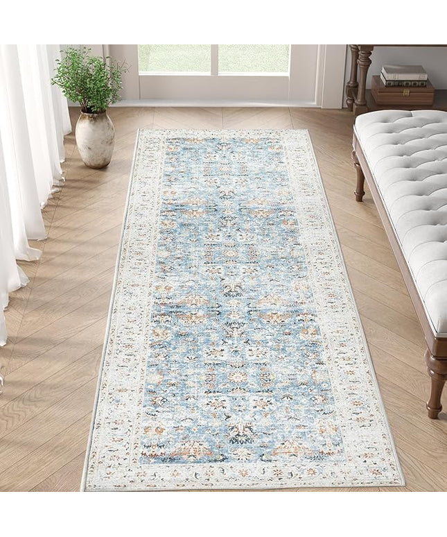 jinchan Runner Rug 2x5 - Hallway Rug Kitchen Washable Runner Vintage Floral Boho Lightweight Thin Non-Slip Retro Distressed Carpet for Entryway Bathroom Bedroom Laundry Room Light Blue