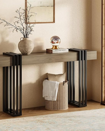 63" Long Console Table for Entryway - Behind Couch Table for Living Room, Wood Sofa Tables with Black Parallel Metal Frame & Power Outlet for Hallway, Entrance, Narrow Foyer, Light Walnut