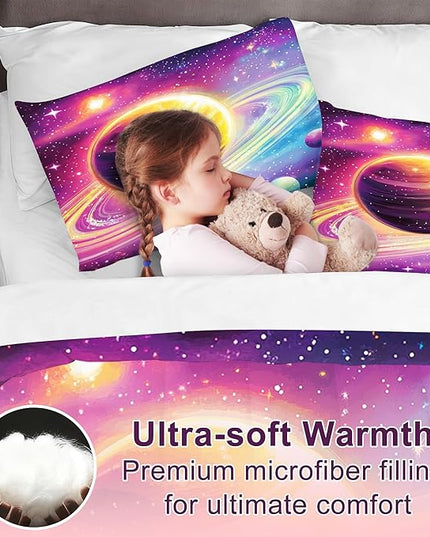 Planets Bedding Set Purple Pink Gold Comforter Set King Size for Kids Teens Adults Bedroom Decor Outer Space Colorful Bed Set Ultra Soft Saturn Quilt Set with 1 Comforter + 2 Pillowcases