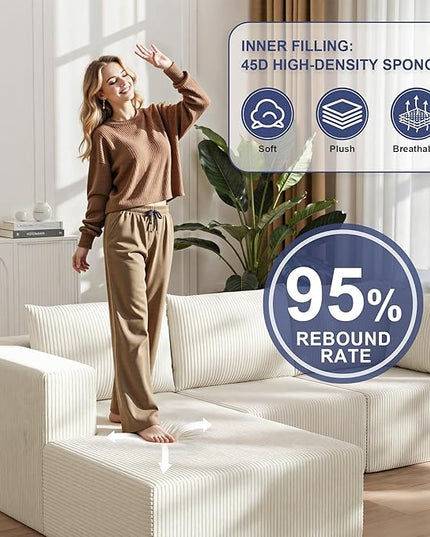108" Boneless Couches for Living Room, Modular Cloud Couch Sofa - L Shap Corduroy Sectional Sofa, Fluffy Memory Foam Sleeper Sofa Furniture, No Assembly, Wide Armrest, Beige