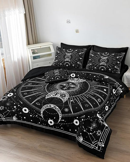 Bedbay Sun and Moon Comforter Set Queen Size Boho Hippie Bedding,Trippy Cosmos Celestial Decor Soft Cozy Galaxy Bed Set 8 Pcs Queen Bed in a Bag Black and White Galaxy Comforter Set(White,Queen)
