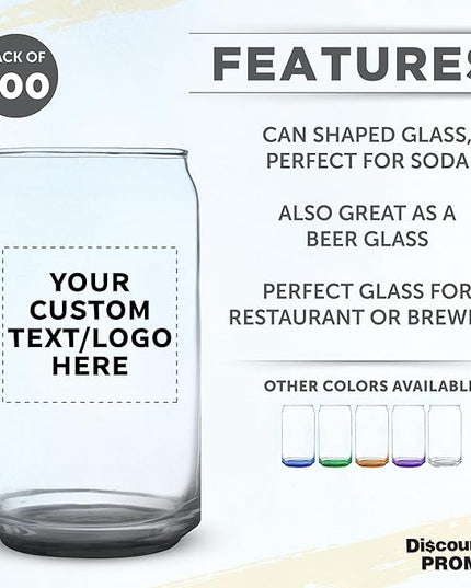 Custom Beer Can Glasses Set of 100, 16 oz. Pint Sized, Promotional Text, Logo, Soda Can Shape, Glassware, Black