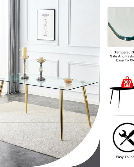 Gold Glass Dining Room Table Set for 4, 63'' Modern Luxury Rectangular Dinner Table Set, 5 PCS Clear Glass Top Minimalist Kitchen Table Set, Grey Woven Dining Chair for Home Large Place