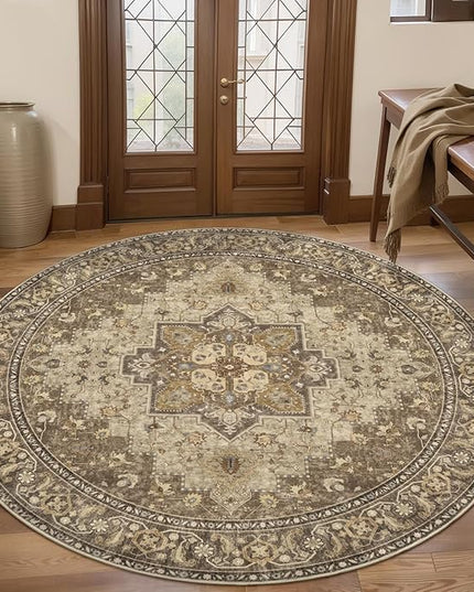 Ciicool Circle Boho Area Rug 4x4ft Round Washable Bedroom Non-Slip Vintage Entryway Throw Low-Pile Indoor Carpet for Living Room Foyer