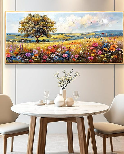 hyidecorart Farmhouse Wall Art For Living Room Pictures For Bedroom Wall Decor Natural Scenery Wall Painting Office Artwork Colorful Flowers And Trees Canvas Prints Hanging Decor Wood Framed 72x32