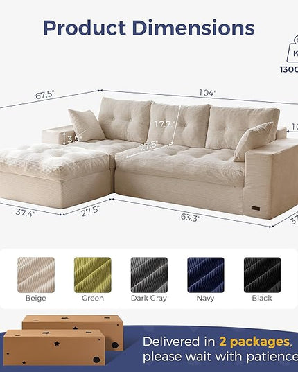 MAXYOYO 104" L Shaped Modular Sectional Sofa with Ottoman, Cloud Boneless Couch with Layered Cushion, Upholstered Sofa in a Box, Flexible Module Combination for Living Room, No Assembly, Beige