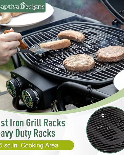 Captiva Designs Portable Propane Grill, 15,000 BTU Output TableTop Liquid Gas Grill with 2 Stainless Steel Burners, 275 sq.in. Cooking Area with Side Tables