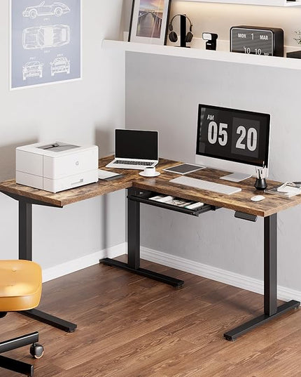 SANODESK L Shaped Electric Standing Desk with Drawer, 63 Inch Ergonomic Adjustable Height Desk with Storage, Corner Desk Sit Stand up Computer Table for Work Office Home, Rustic Brown