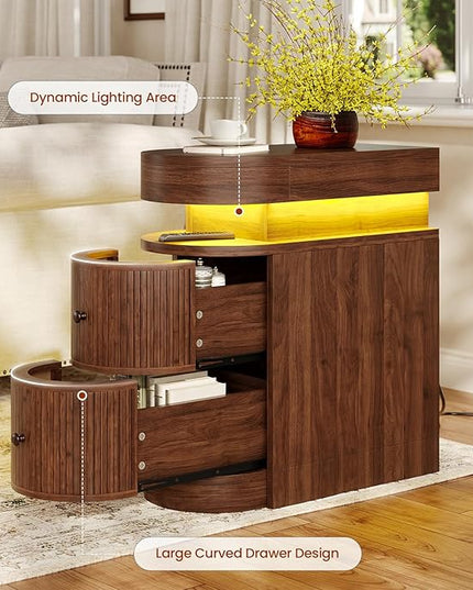 Nightstand with LED Lights, Narrow Nightstand with 3 Drawers, Curved Edge Sliding Top Storage Space for Bedroom, Living Room