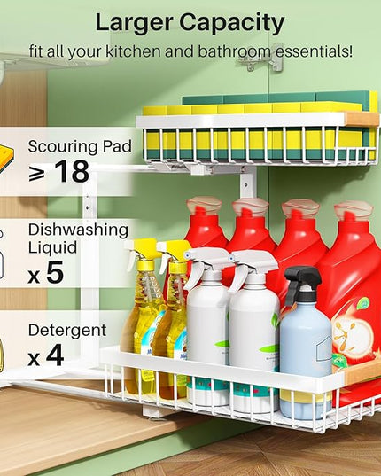 Pull out Cabinet Organizer, 1 Pack Under Sink Organizer, Slide out Metal Kitchen Cabinet Organizers Drawer Shelf, Sliding Storage Shelves for Kitchen Bathroom Pantry Closet Organization Rack(White)