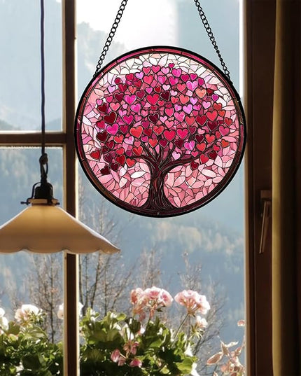 Stained Glass Window Hanging - DASTOLL, Birthday Gifts for Women Men Mom Dad, Pink Love Tree Suncatcher for Doors Window Home Sun Catchers Decor 6.3 in