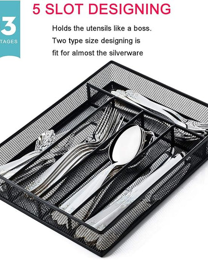 JANE EYRE Utensil Drawer Organizer, Cutlery Tray Silverware Flatware Storage Divider for Kitchen, Mesh Wire with Non-slip Foam Feet, 5 Component, Black