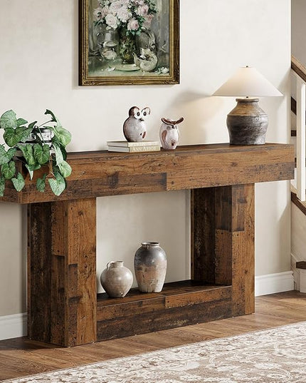 Tribesigns 63" Console Table, Farmhouse 2-Tier Entryway Table with U-Shaped Base, Narrow Long Wood Sofa Table Behind Couch Table for Living Room, Hallway, Foyer, Mix Brown