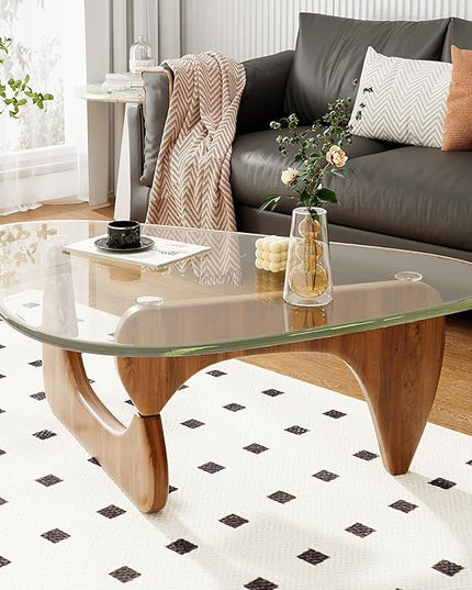 Coffee Table for Living Room Mid Century Modern Center Table with Glass Top, Walnut Transparent