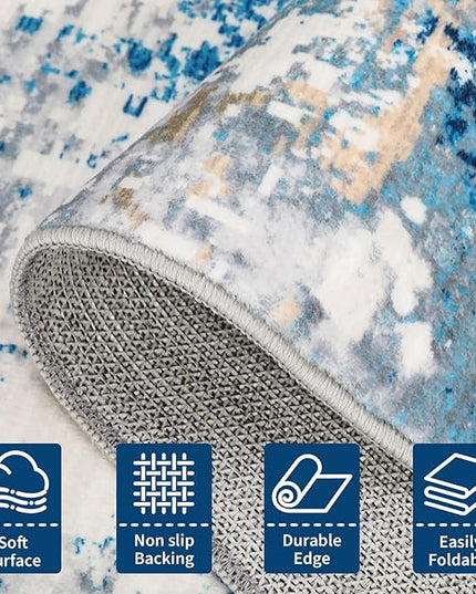Modern Abstract Area Rug 3x5 Non Slip Non Shedding Rug Low Pile Stain Resistant for Bedroom Living Room,Blue/Grey