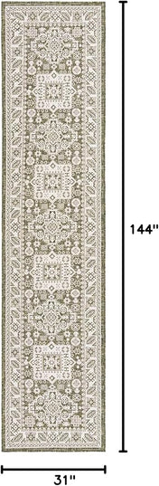Rugs.com Outdoor Aztec Collection Rug – 12 Ft Runner Green Flatweave Rug Perfect for Hallways, Entryways