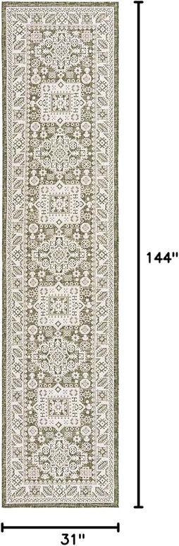 Rugs.com Outdoor Aztec Collection Rug – 12 Ft Runner Green Flatweave Rug Perfect for Hallways, Entryways