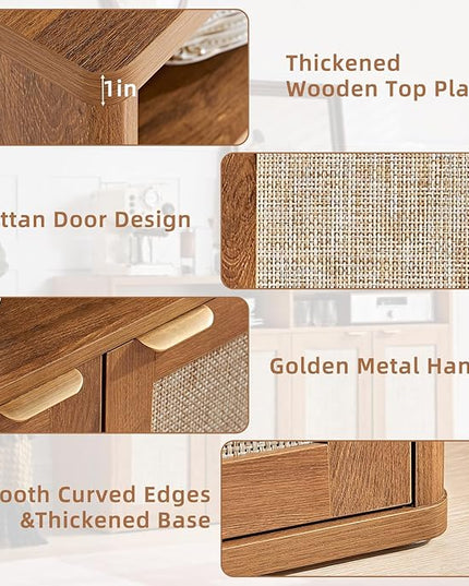 LEYAOYAO Rattan Sideboard Buffet Cabinet,45" Coffee Bar Cabinet with 3 Doors & Open Storage Shelf,Modern Credenza Console Table for Living Room Rattan Farmhouse entryway Brown