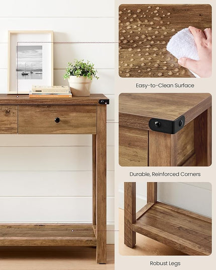 VASAGLE LIRY Collection - Console Table with 3 Drawers and Open Storage Shelf, Narrow Entryway Sofa Table for Living Room, Farmhouse Style, Metal Corners, Honey Brown ULNT142KB02S