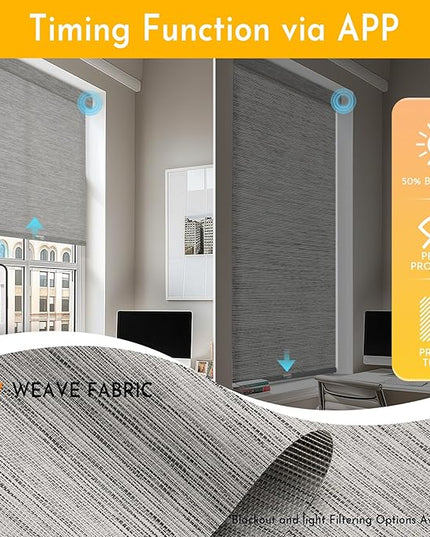 Persilux Smart Motorized Blinds with Remote, No Drill Automatic Roller Shades for Indoor Windows, Light Filtering Linen Fabric, Electric Blinds for Windows, Weave Blend Smoke C162-7, Custom Size