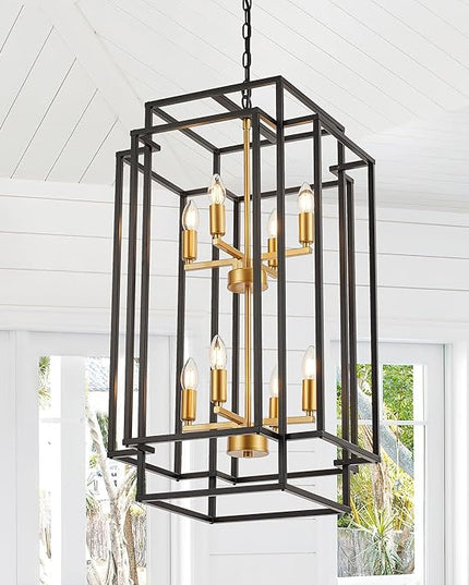 8-Light Lantern Tiered Pendant Light Fixtures, Black Metal Farmhouse Chandelier Hall Foyer Hanging Chandelier for Kitchen Island Dining Room Living Room Foyer Entryway, Black+Gold