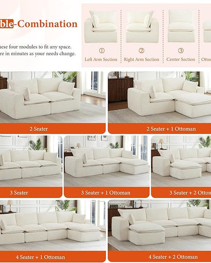 108" Sectional Couches for Living Room Boneless Couch Upholstered Cloud Couch Sectional Modular Sectional Sofa with L Shaped (Corduroy-White, 3 Seat+2 Ottoman)